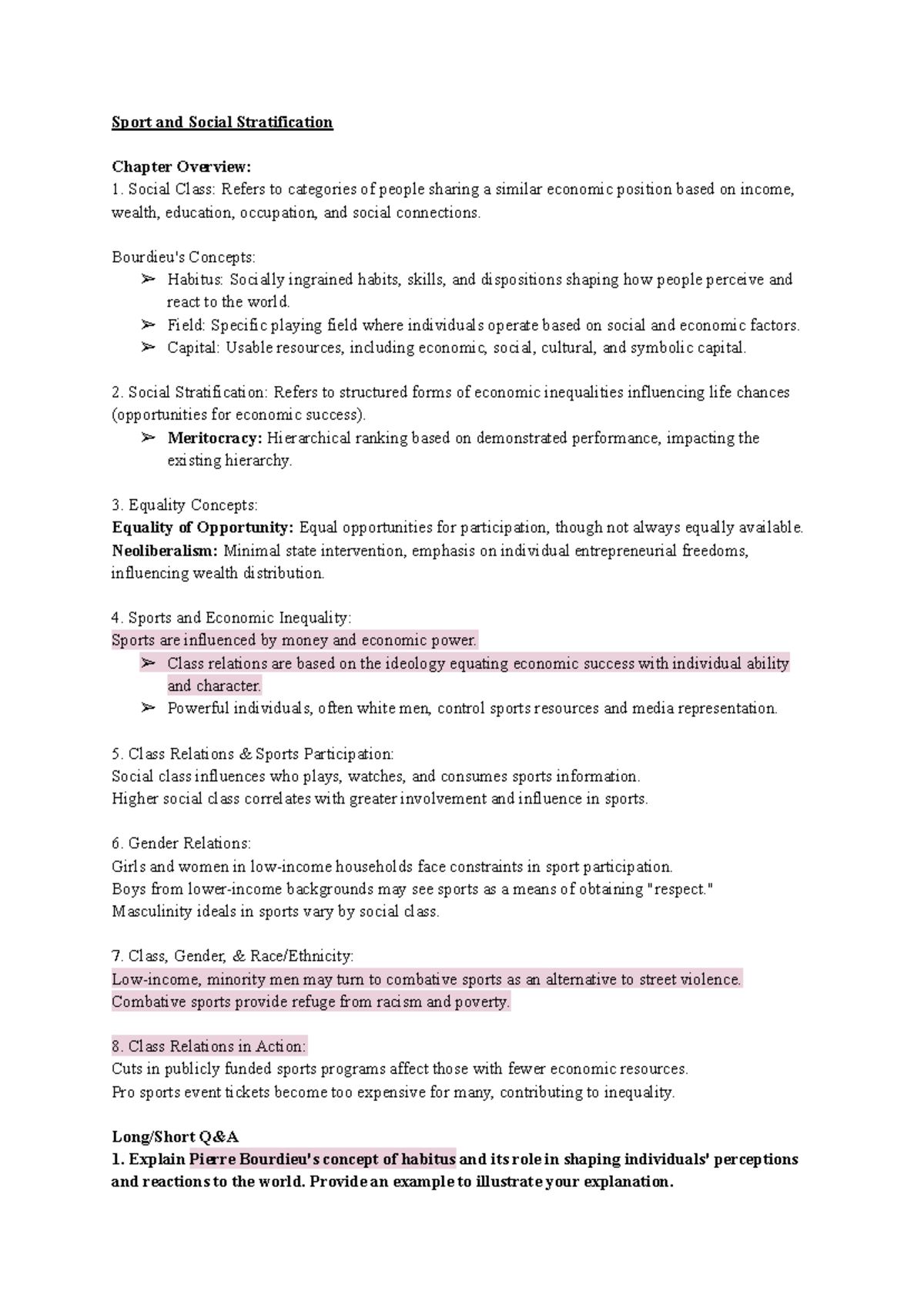 APA 1302 Midterm 2 Notes Sport and Social Stratification Chapter