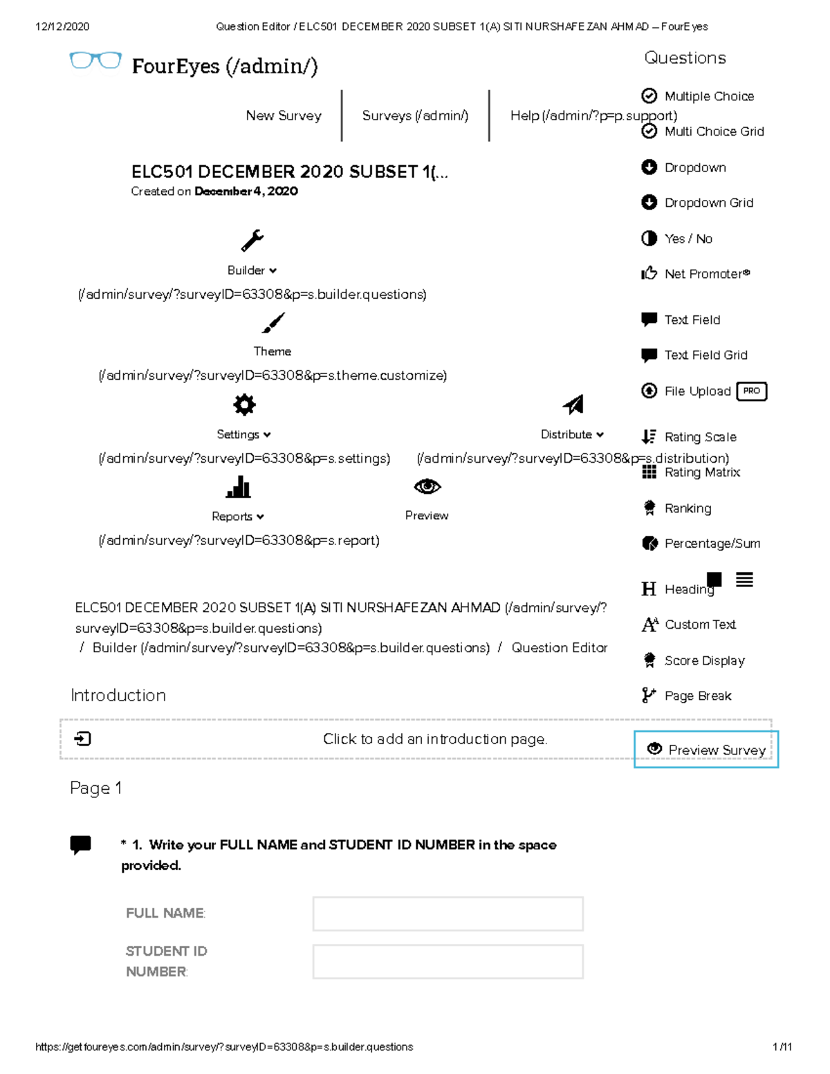 ELC Sample Question FourEyes (/admin/) New Survey Surveys (/admin