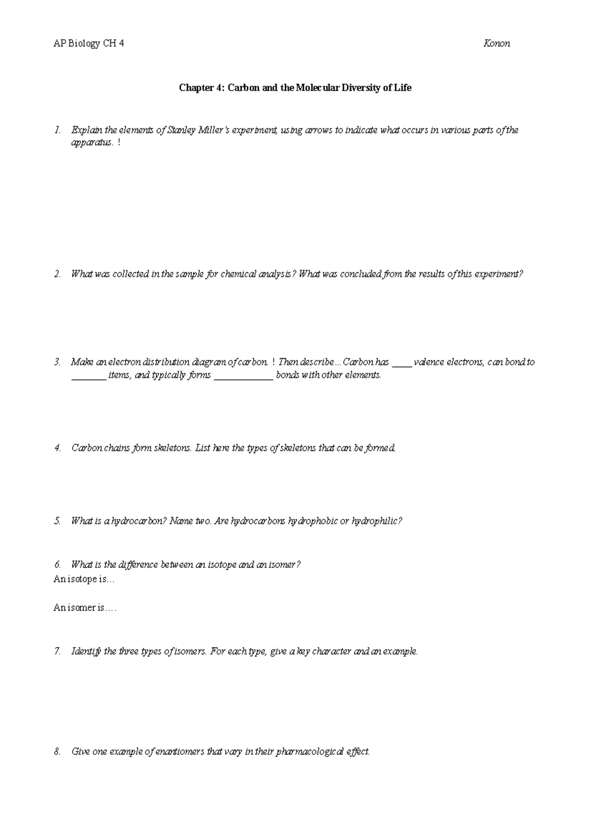 AP BIO CH 4 questions student copy with chart - Studocu