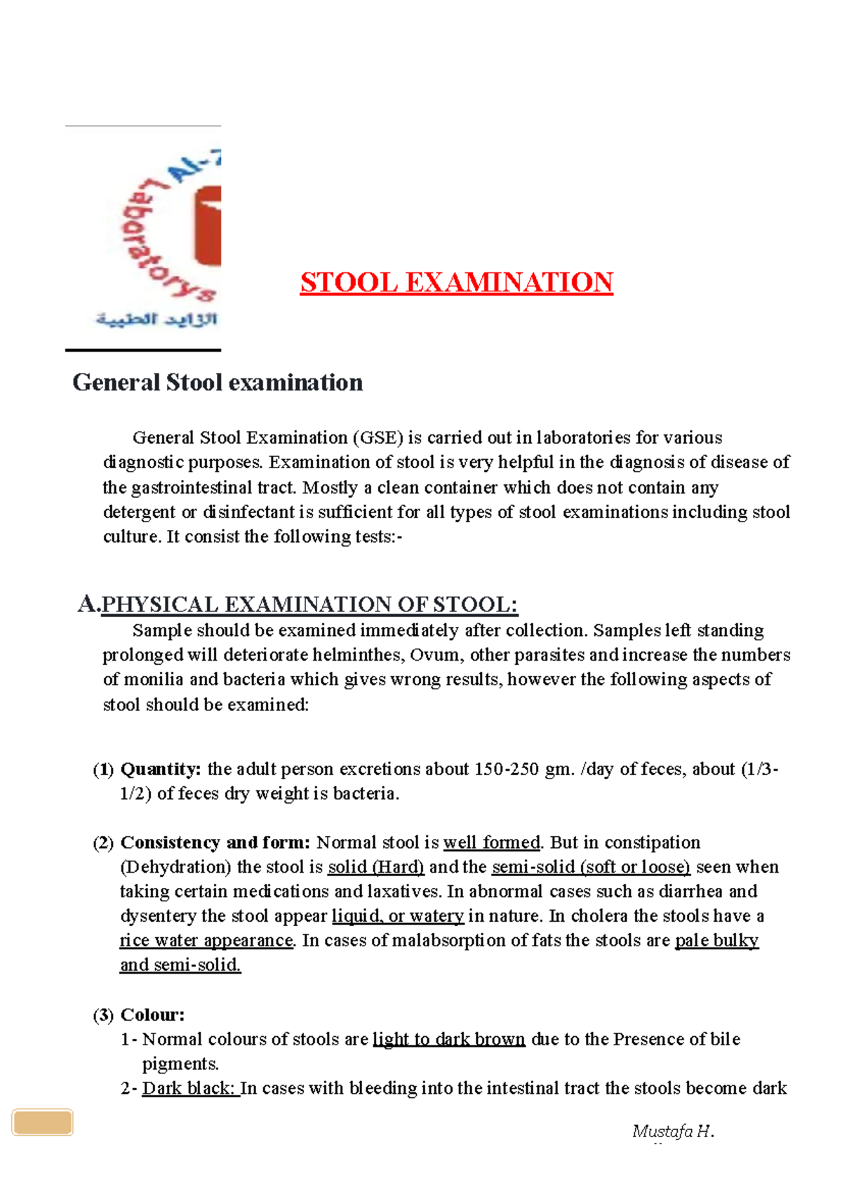 6 2022 01 1909 12 03 PMd 1 Mustafa H. STOOL EXAMINATION General Stool