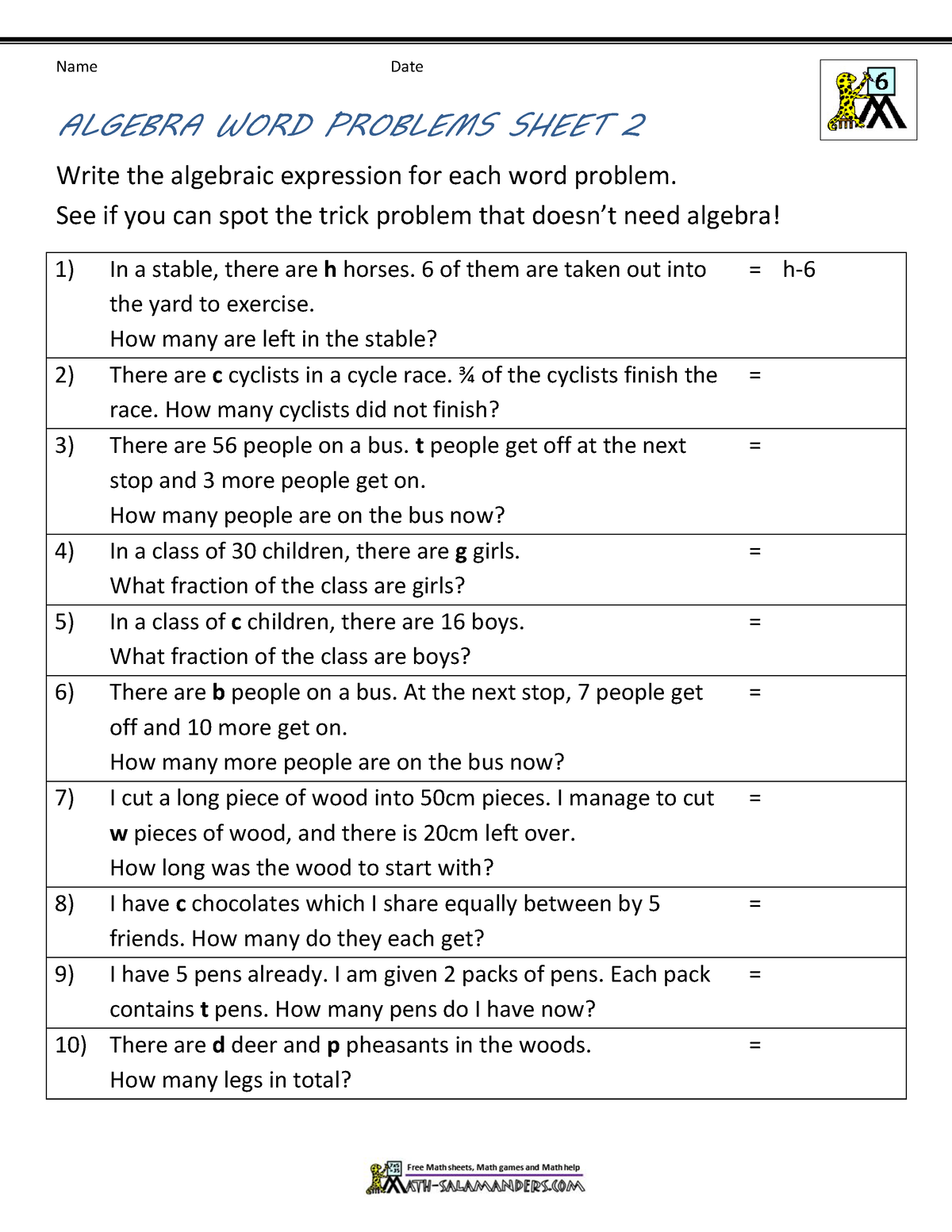 Algebra Word Problems 2 Name Date ALGEBRA WORD PROBLEMS SHEET 2 Write The Algebraic Expression