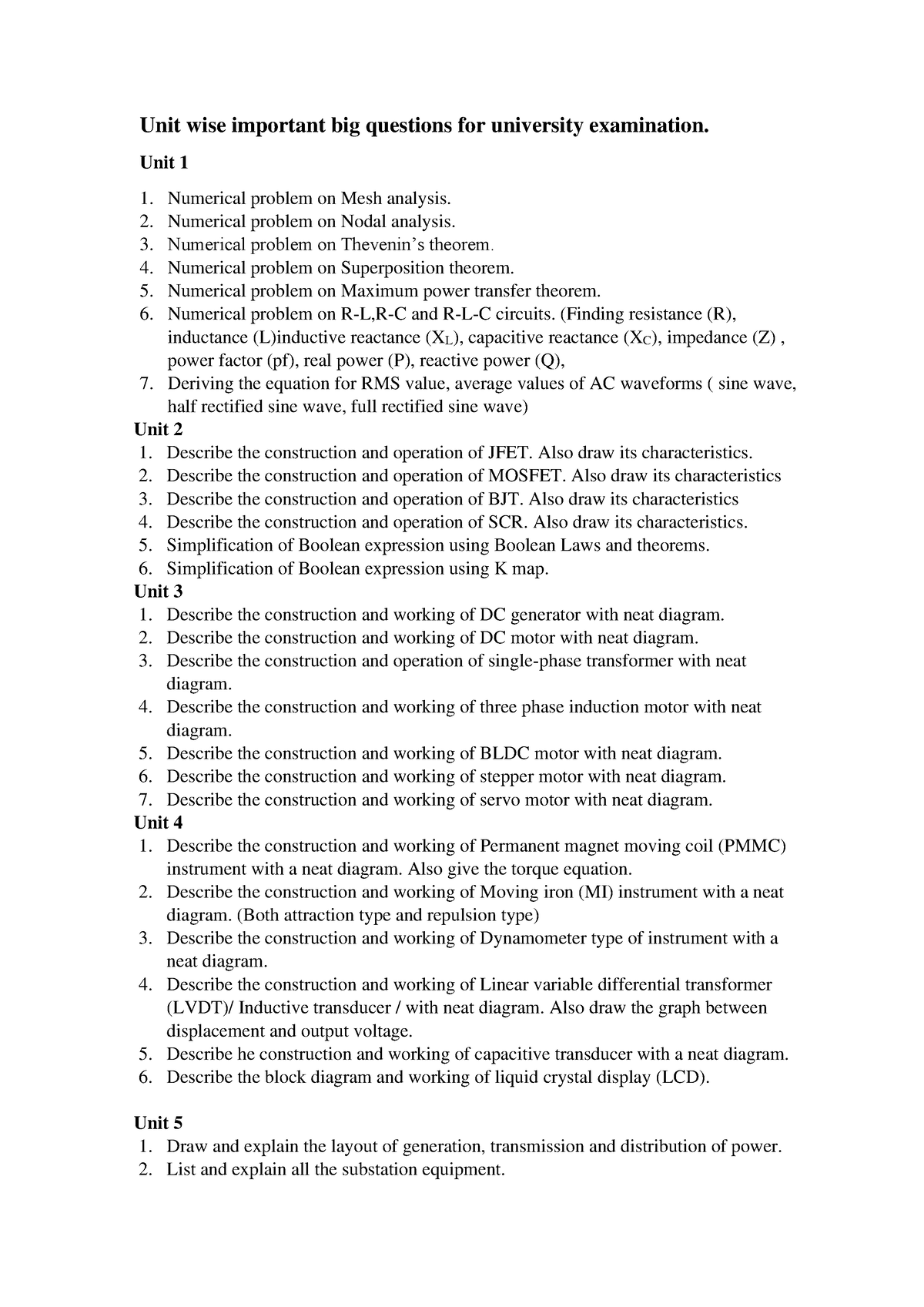 21EES101T Important Questions - Unit Wise Important Big Questions For ...