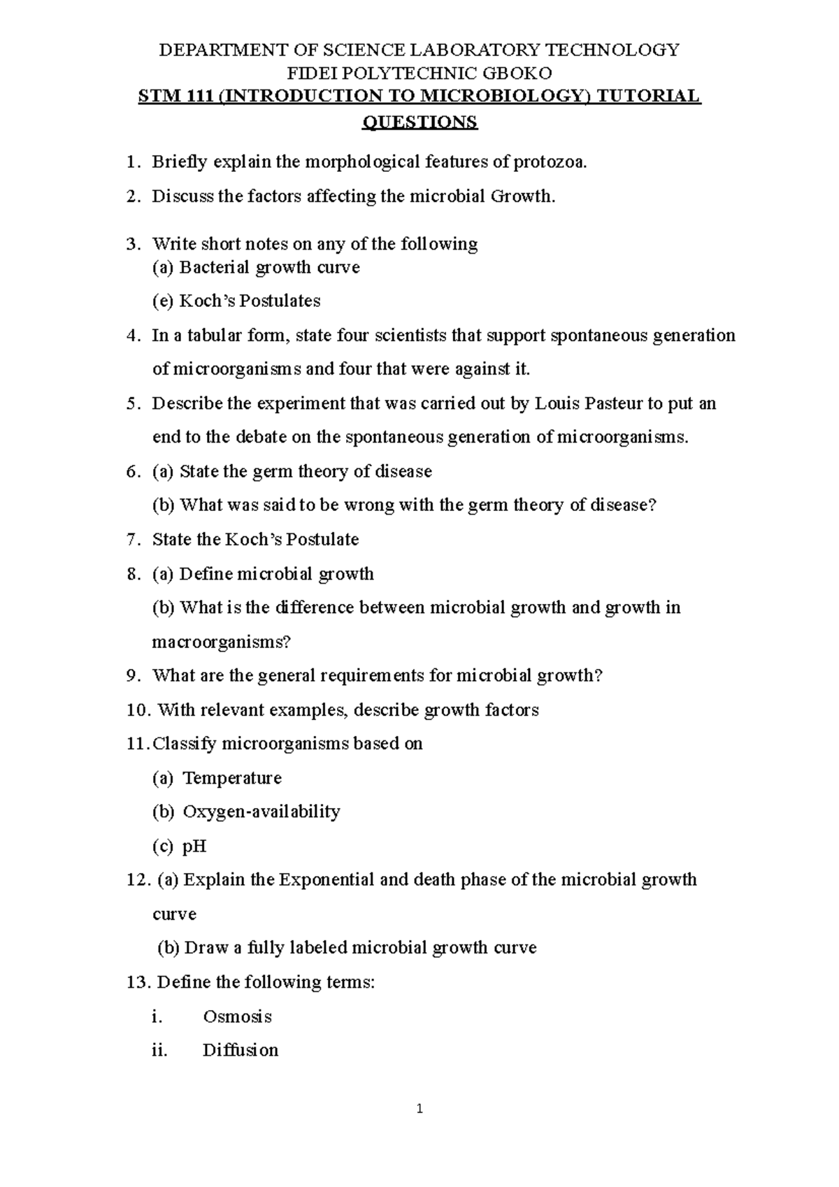 STM 111 Tutorial Microbiology DEPARTMENT OF SCIENCE LABORATORY