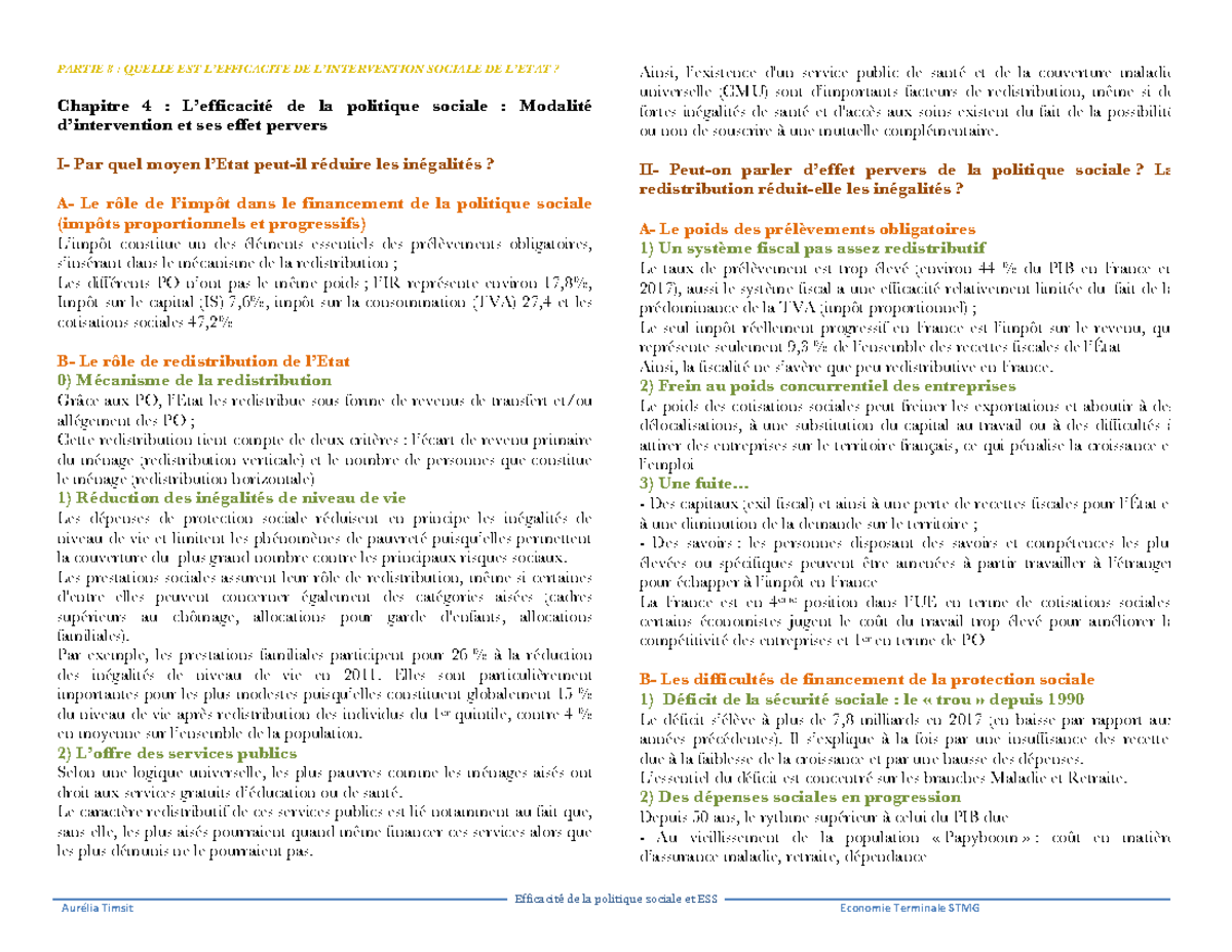 La Redistribution Réduit Elle Les Inégalités Sociales Stmg 4 efficacité politique sociale - Efficacité de la politique sociale et ESS  Aurélia Timsit Economie - Studocu