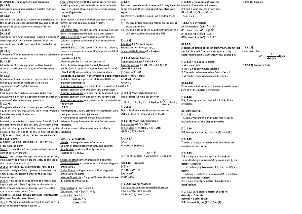 Cheat Sheet Midterm - CHAPTER 1: Linear Systems and Gaussian Step 6 ...