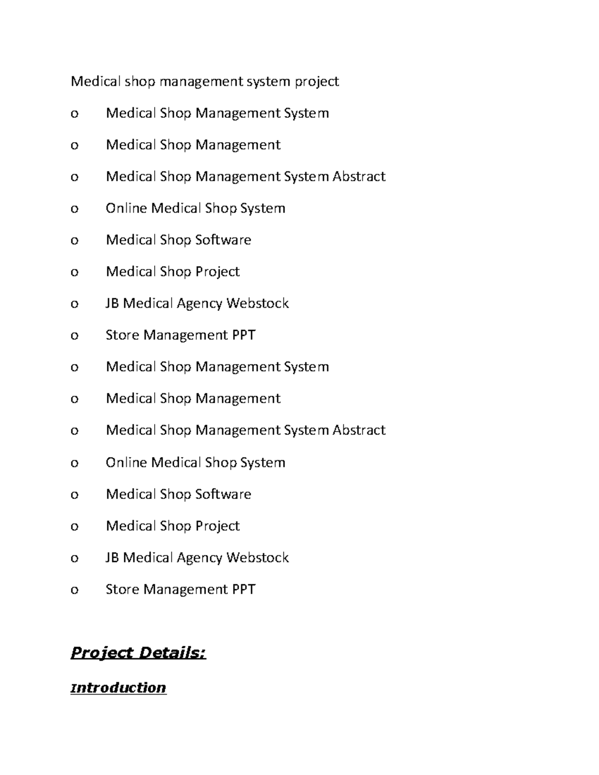 Clinic Management System project report Medical shop management
