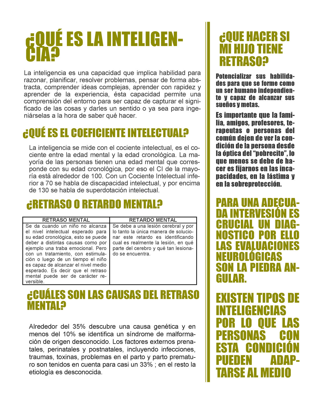 Folleto De Rm Material Explicativo Qu Es La Inteligen Cia Que Hacer Si Mi Hijo Tiene