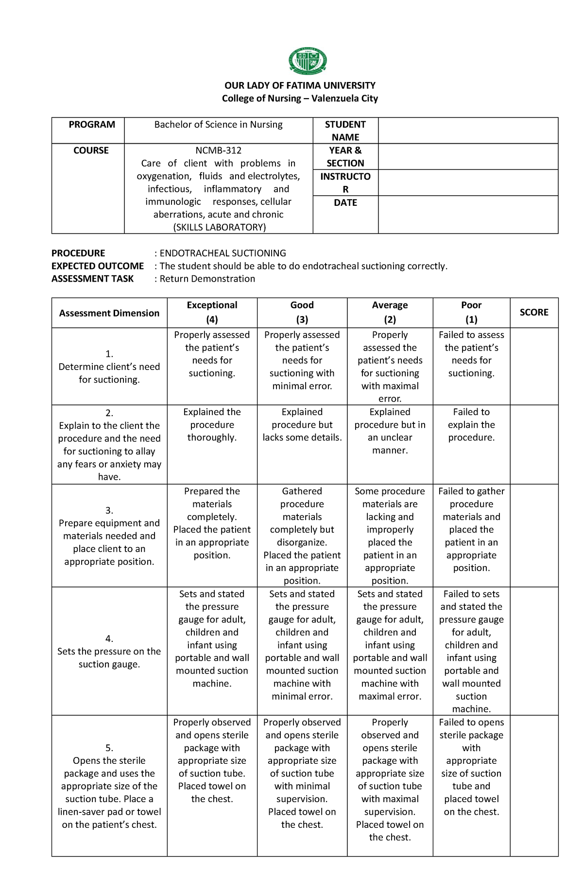 Rubric-Endotracheal-Suctioning - OUR LADY OF FATIMA UNIVERSITY College ...