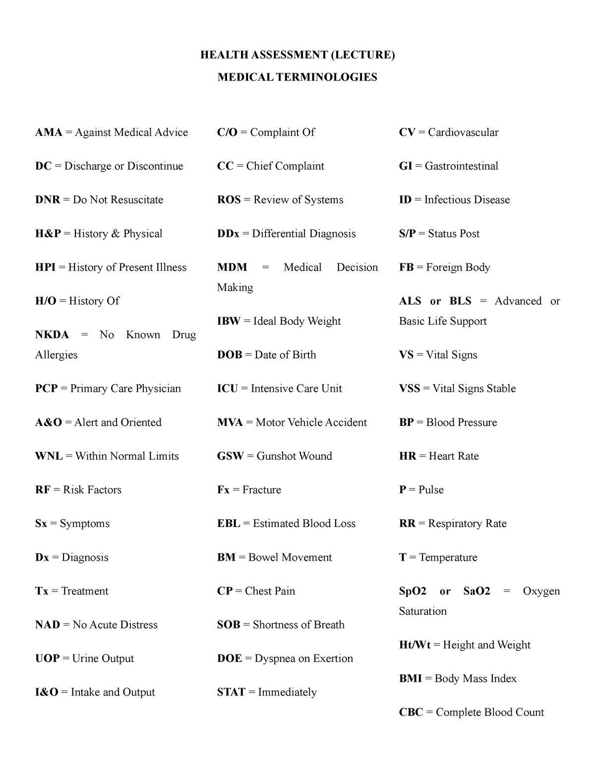 HASS LEC ( Terminologies) - HEALTH ASSESSMENT (LECTURE) MEDICAL ...
