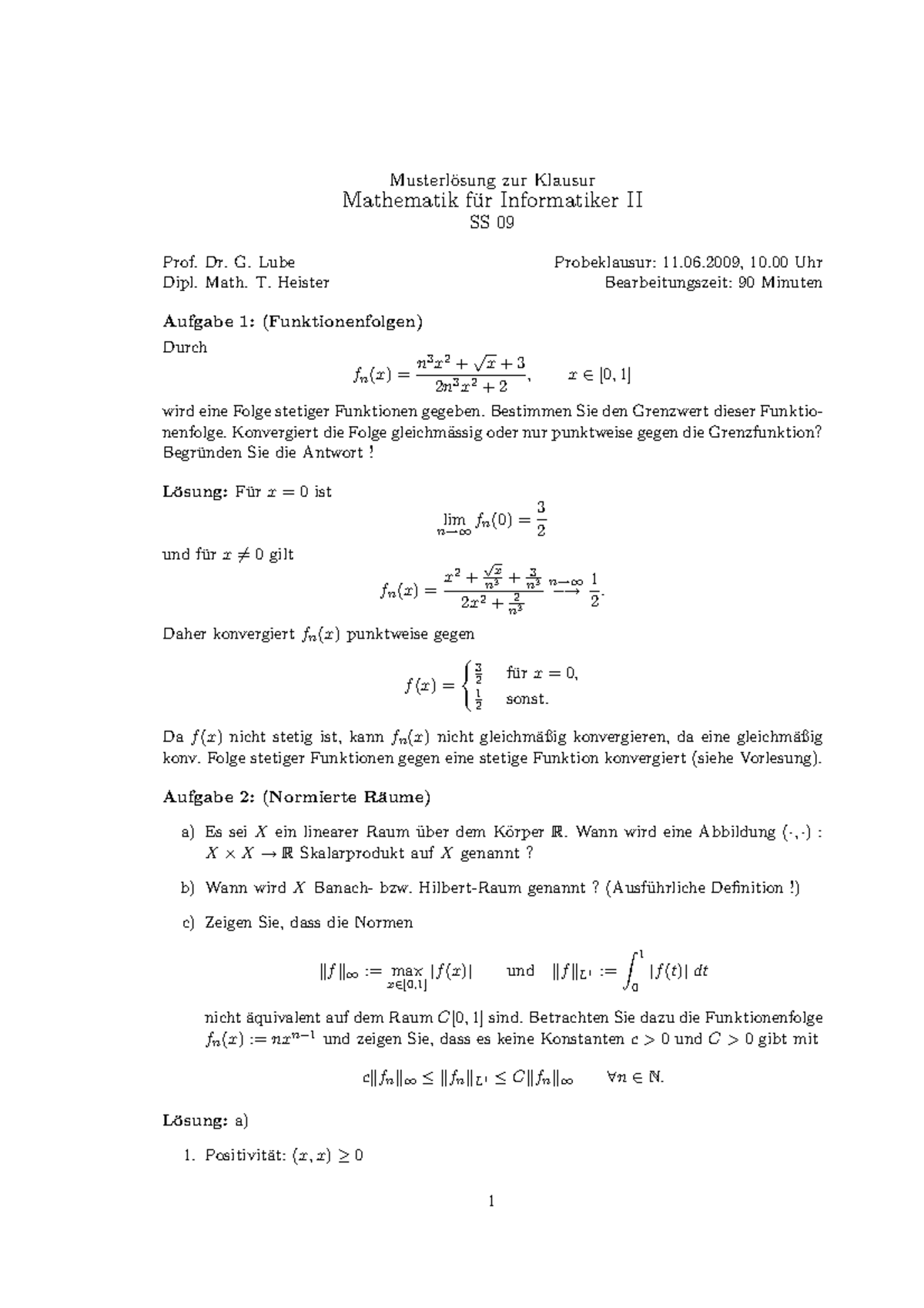 Musterloesung - Summary - Musterl ̈osung Zur Klausur Mathematik Fur ...