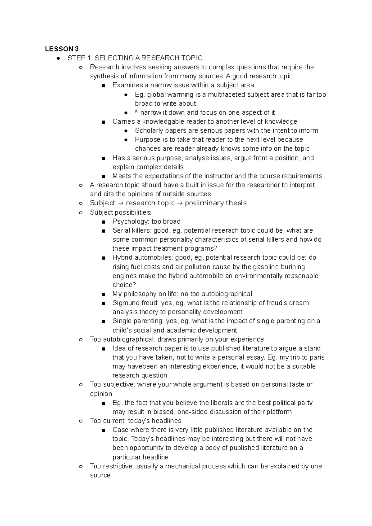Inst250 lesson 3 - LESSON 3 STEP 1: SELECTING A RESEARCH TOPIC Research ...