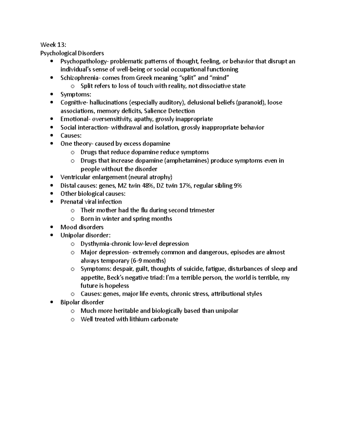PSY 101 W13 Notes - Week 13: Psychological Disorders Psychopathology ...