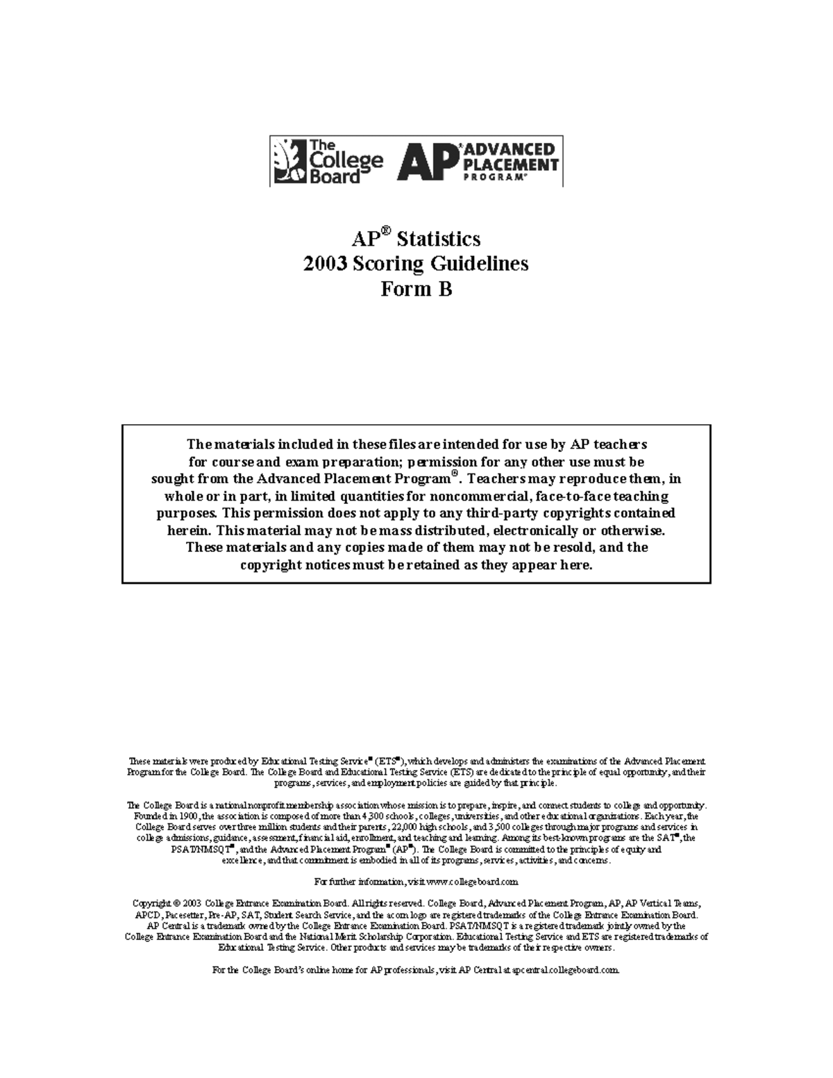 Ap03 Sg Statistics B 26495 Free Response - AP ® Statistics 2003 Scoring ...