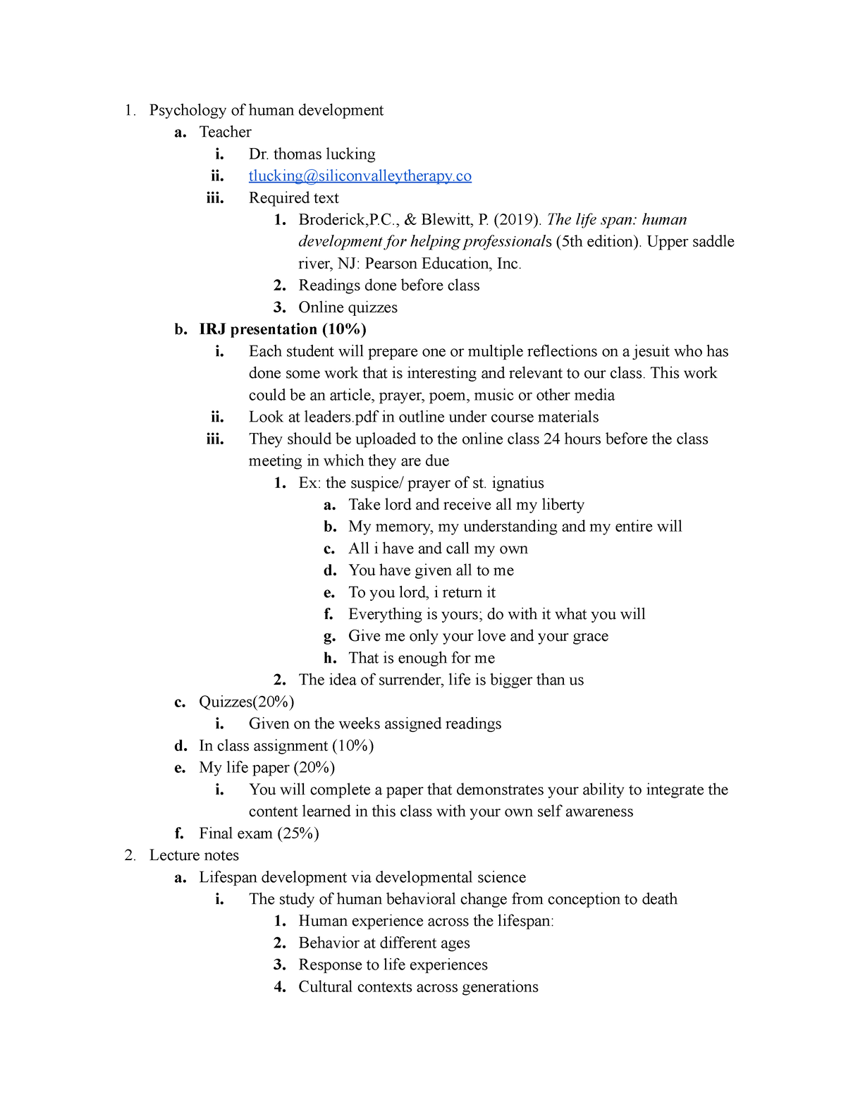 216- class 1 - Psychology of human development a. Teacher i. Dr. thomas ...