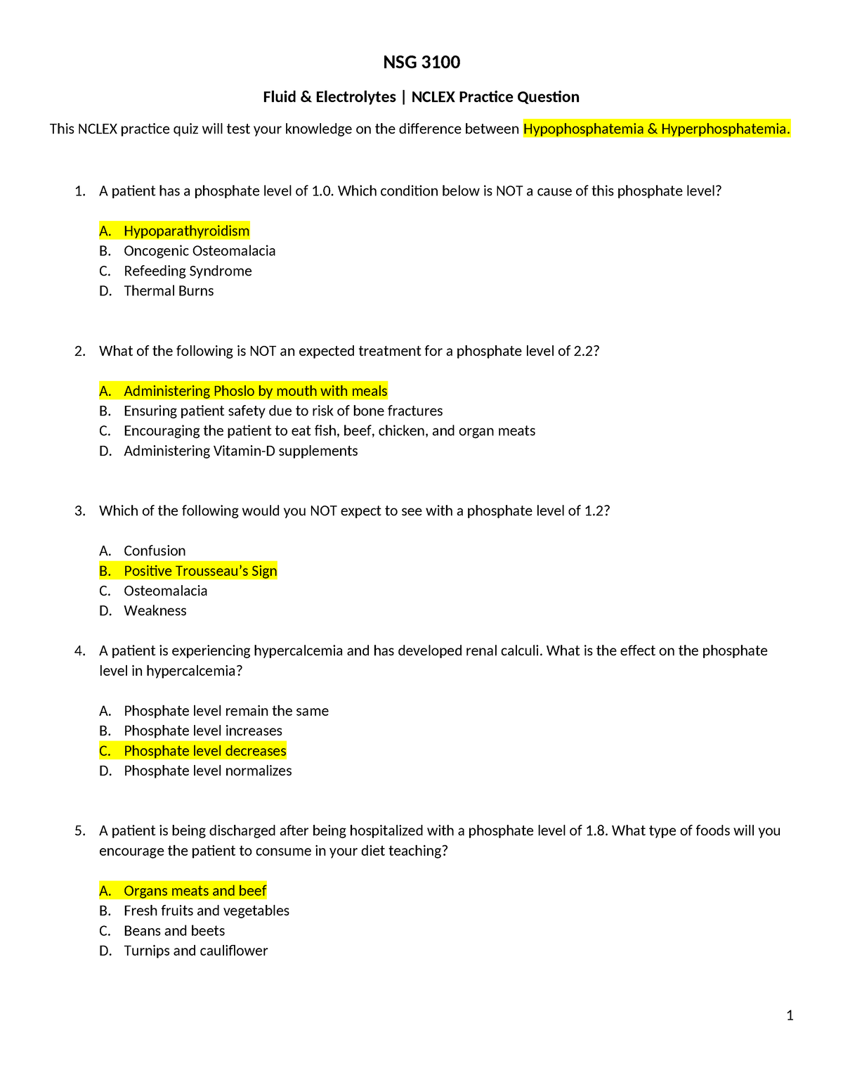 NSG 3100 Electrolyte Nclex Questions - NSG 3100 Fluid & Electrolytes ...