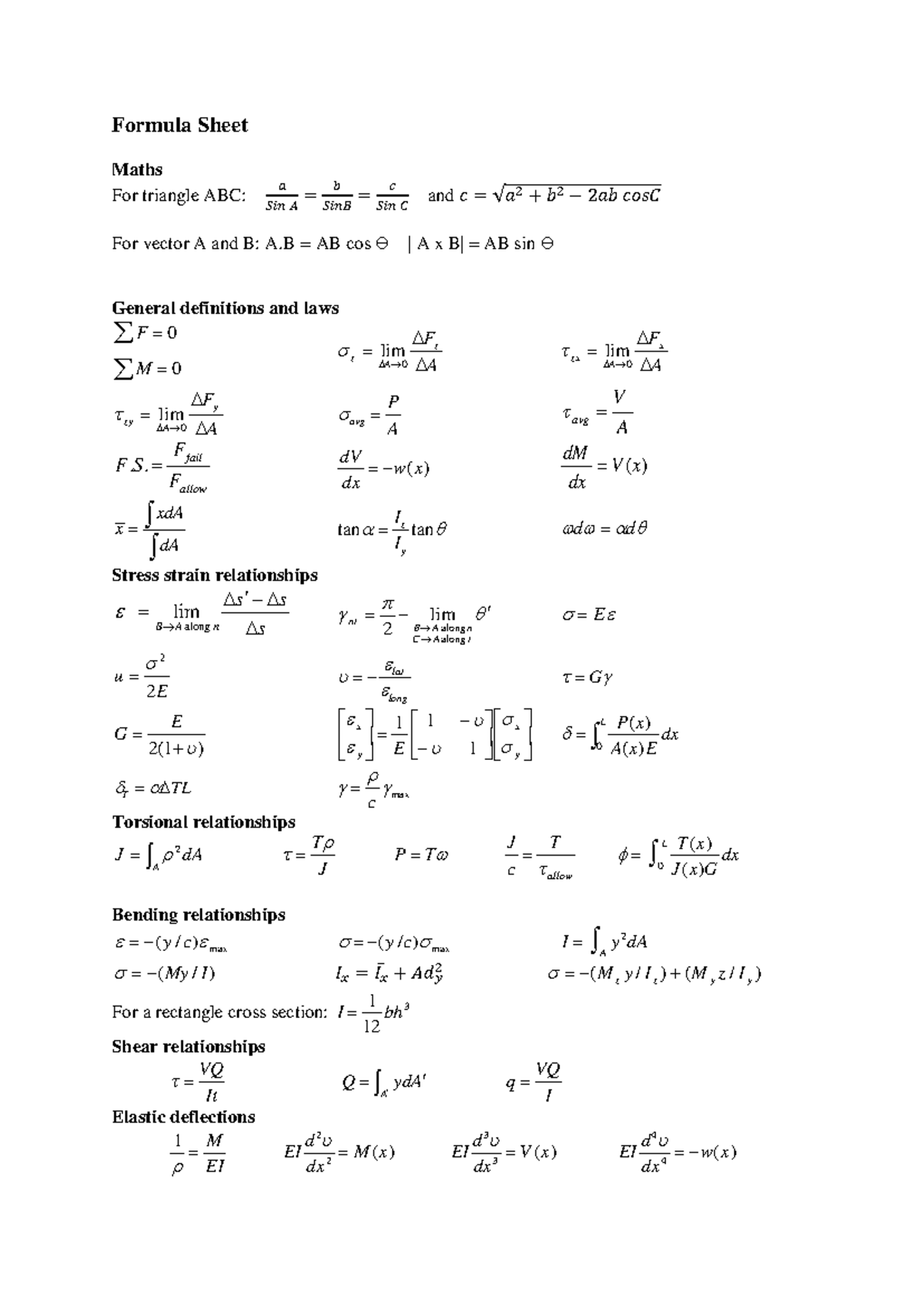 Formula sheet - Formula Sheet Maths For triangle ABC: 𝑆𝑆𝑆𝑆𝑆𝑆𝑎𝑎 𝐴𝐴 ...