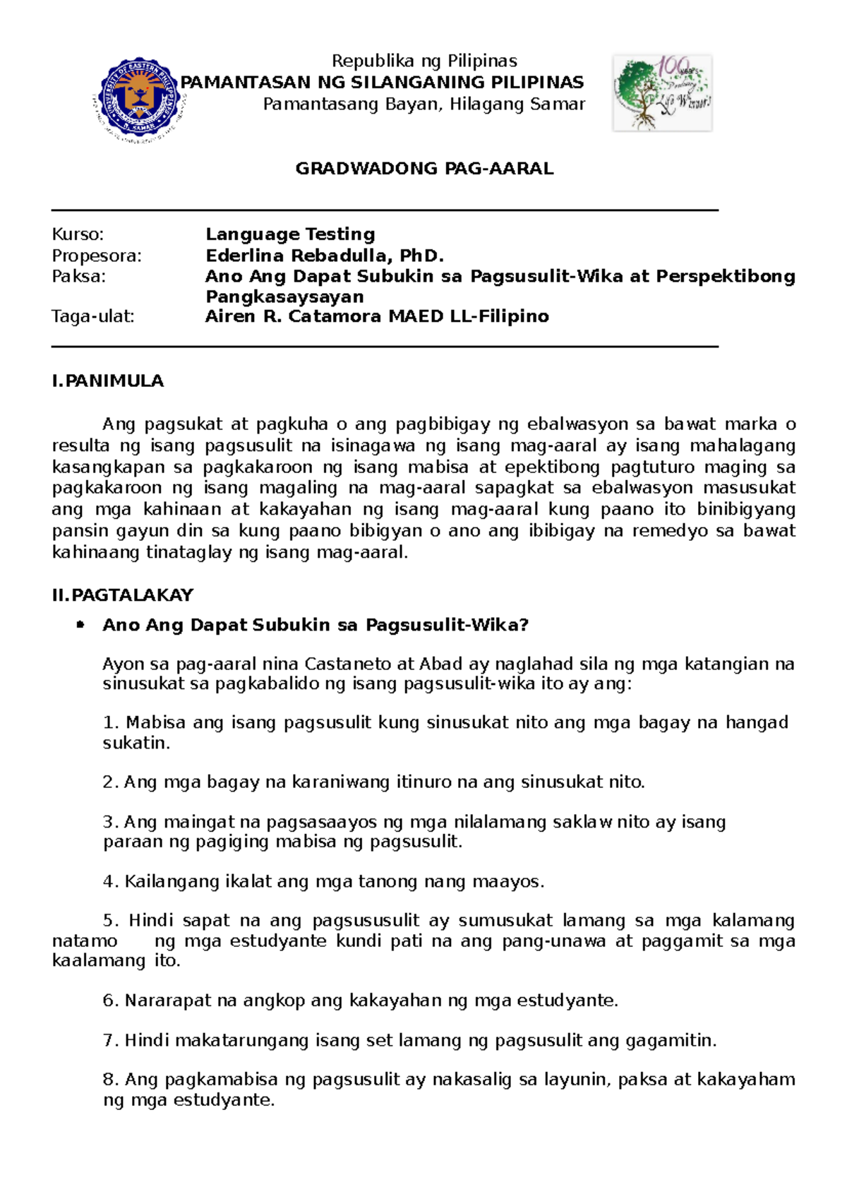 Language-testing-report - Republika ng Pilipinas PAMANTASAN NG ...