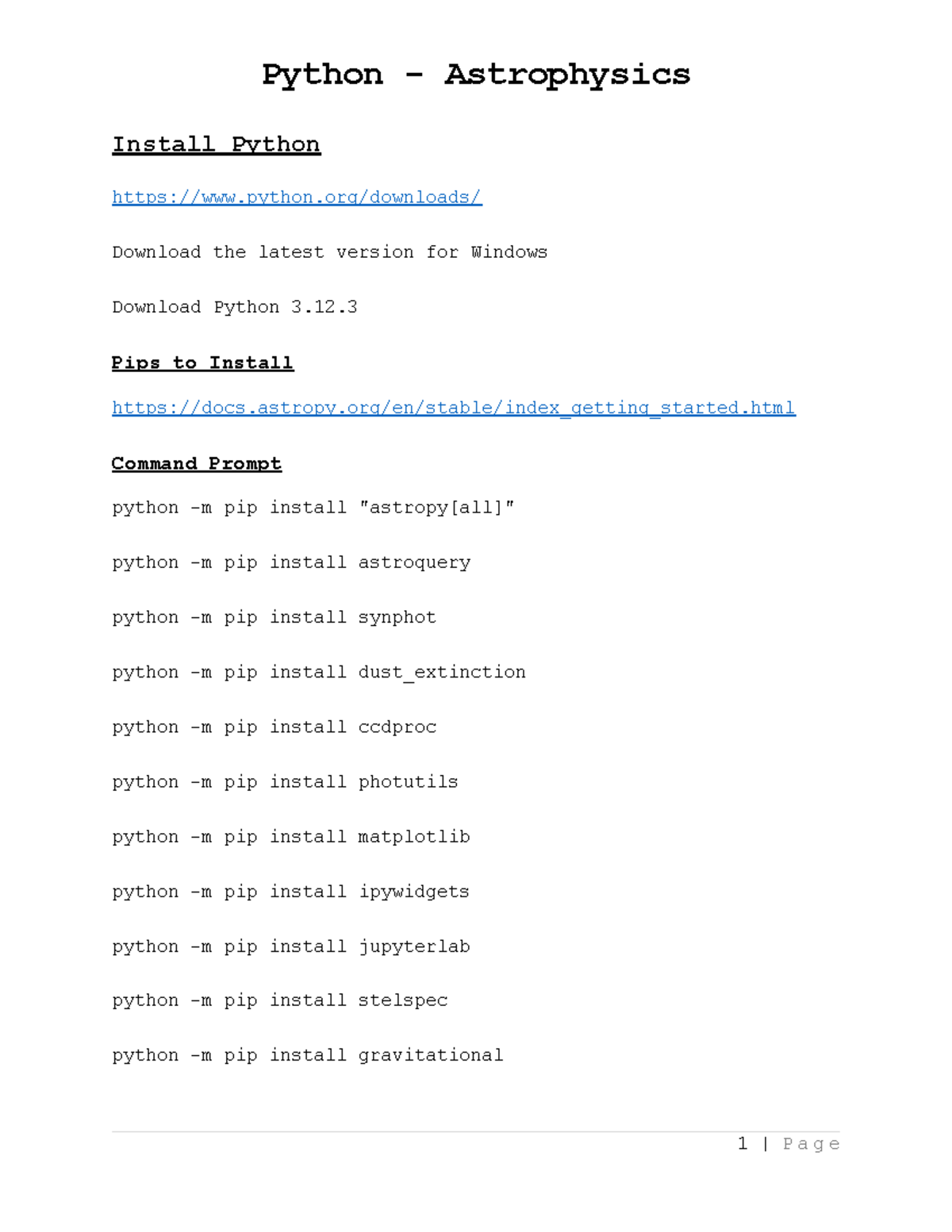 Astro Py Procedure - A python install list with a few codes as examples ...