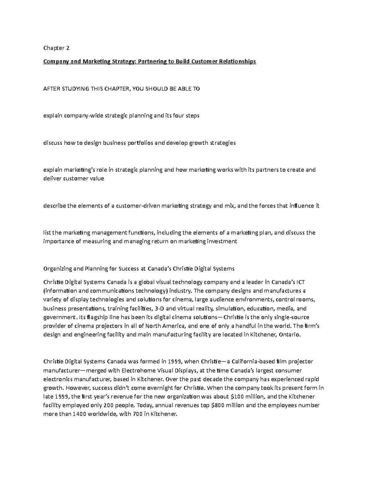 Chapter 2 - Notes - Chapter 2 Company and Marketing Strategy ...