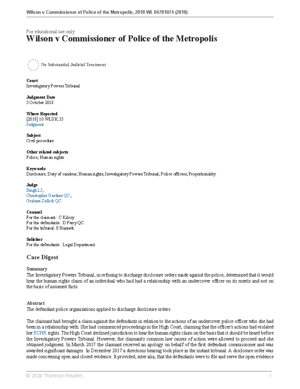 Wilson v Commissioner of Police of the Metropolis 1 For educational