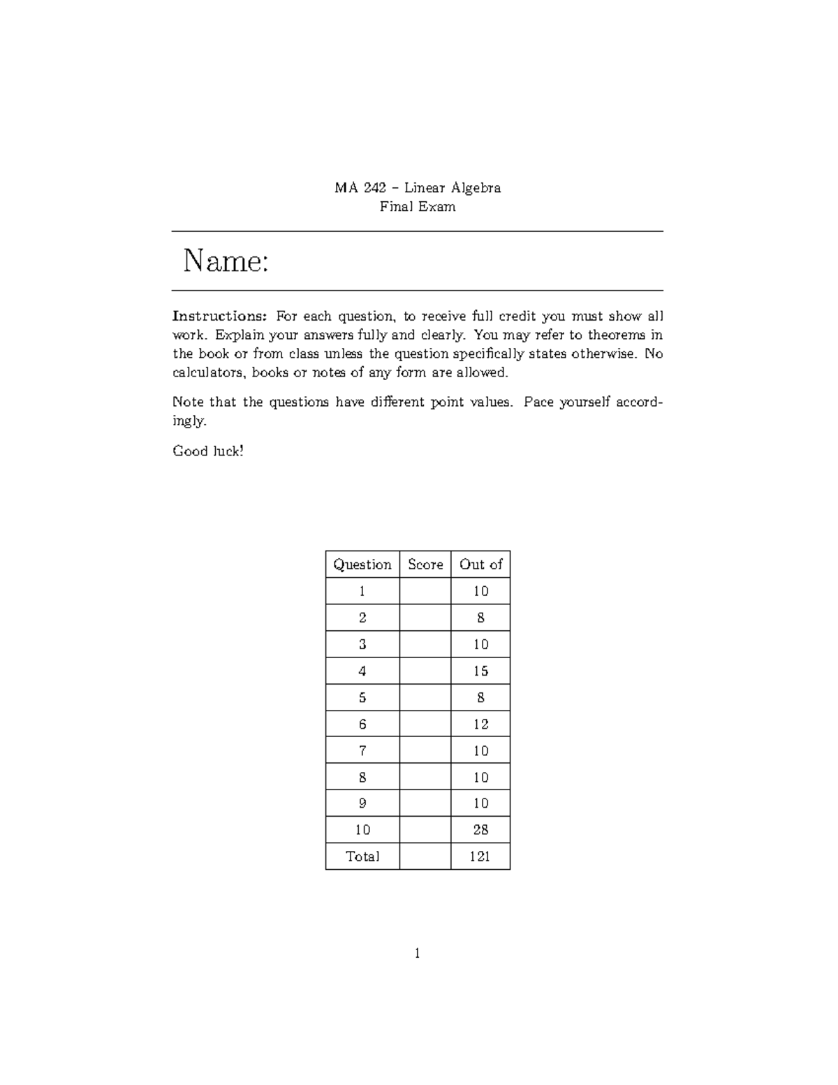 Linear Algebra - Midterm Exam1 Solutions - MA 242 – Linear Algebra ...