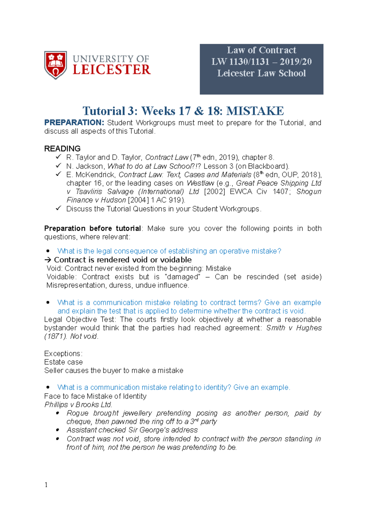 Tutorial 3-Mistake - Law Of Contract LW 1130/1131 – 2019/ Leicester Law ...