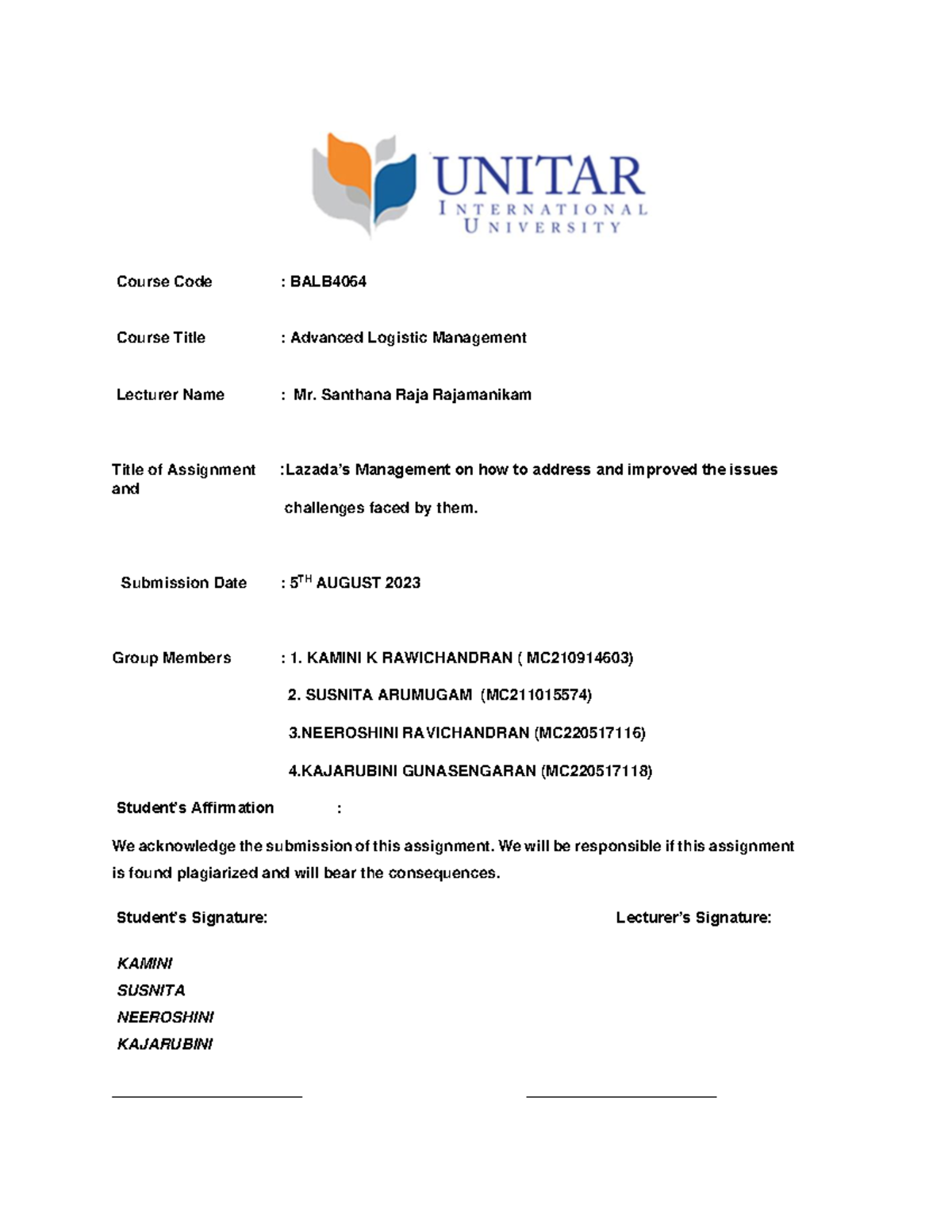 Group 5 Advance Logistics Management - Course Code : BALB Course Title ...