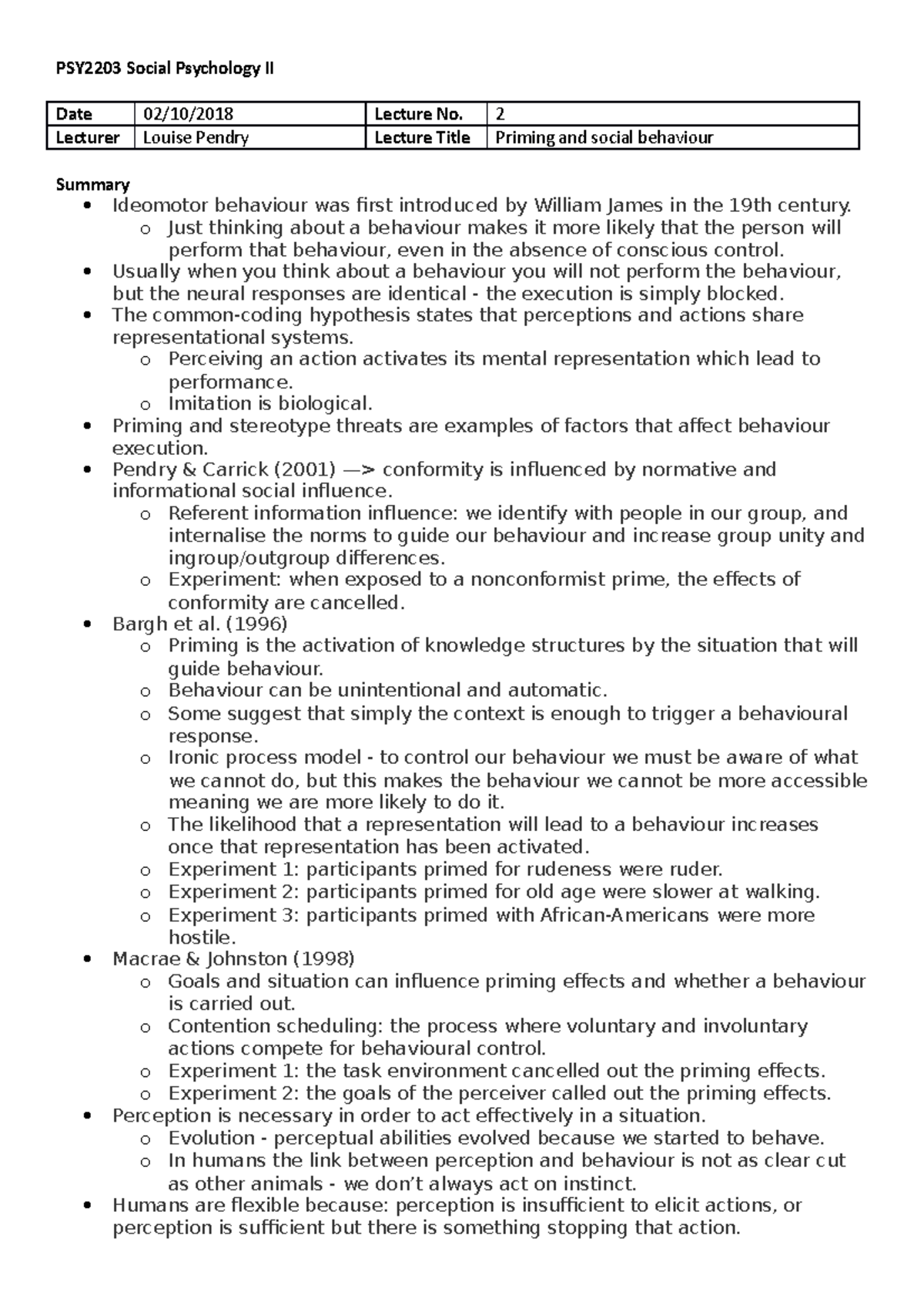 Priming and social behaviour PSY2203 Social Psychology II Date 02/10