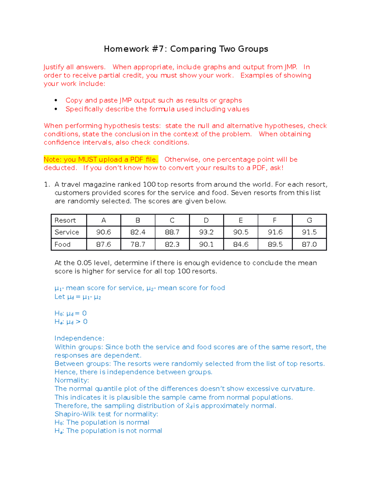 HW7 - Comparing Two Groups - Homework #7: Comparing Two Groups Justify ...