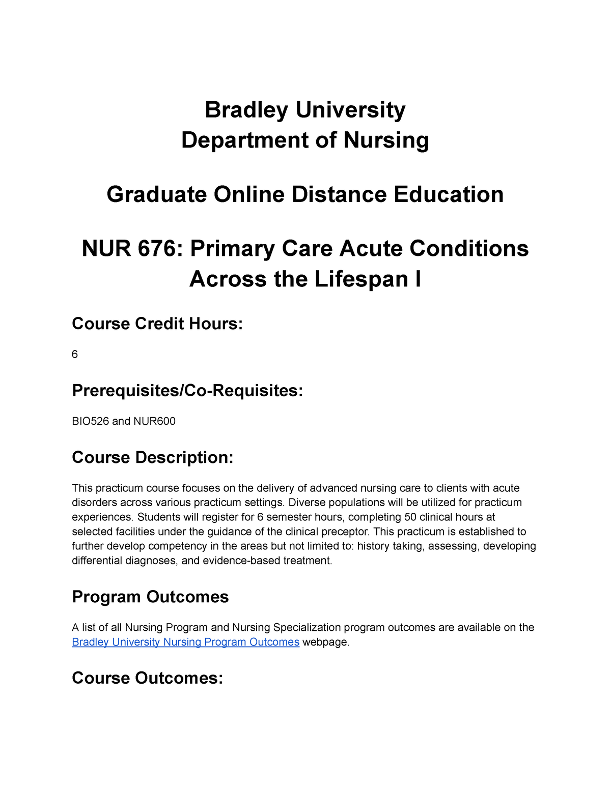 NUR676Syllabus Spring 2024 Bradley University Department of Nursing