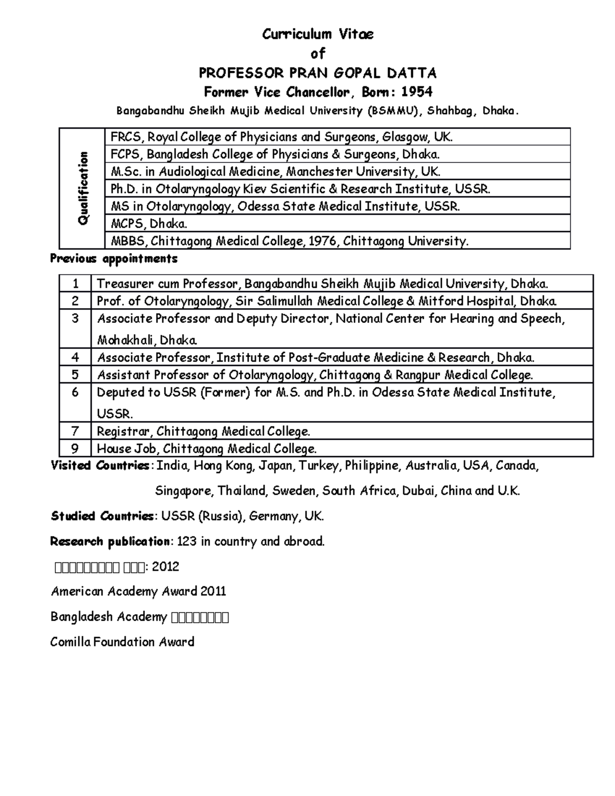 Cv Pran Gopal Datta - Curriculum Vitae Of Professor Pran Gopal Datta 