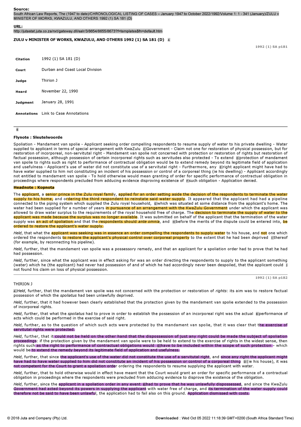 ZULU v Minister OF Works, Kwazulu, AND Others 1992 (1) SA 181 (D ...