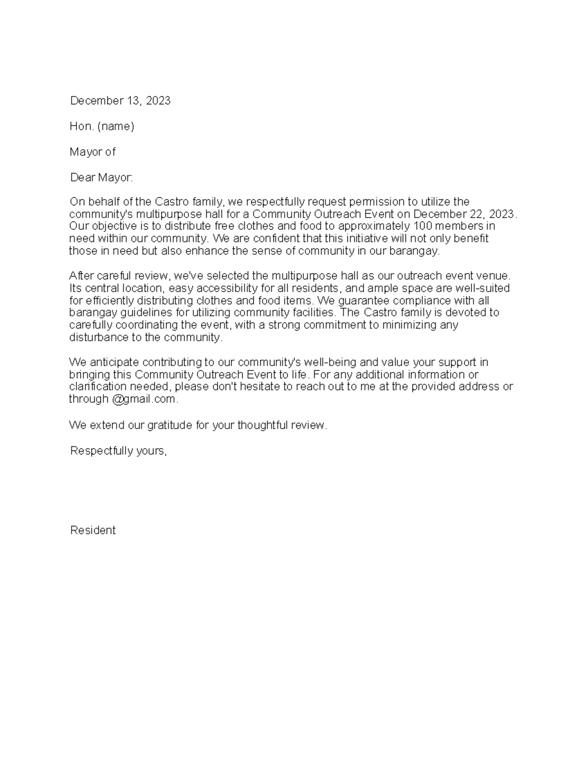 Request letter - notes - December 13, 2023 Hon. (name) Mayor of Dear ...