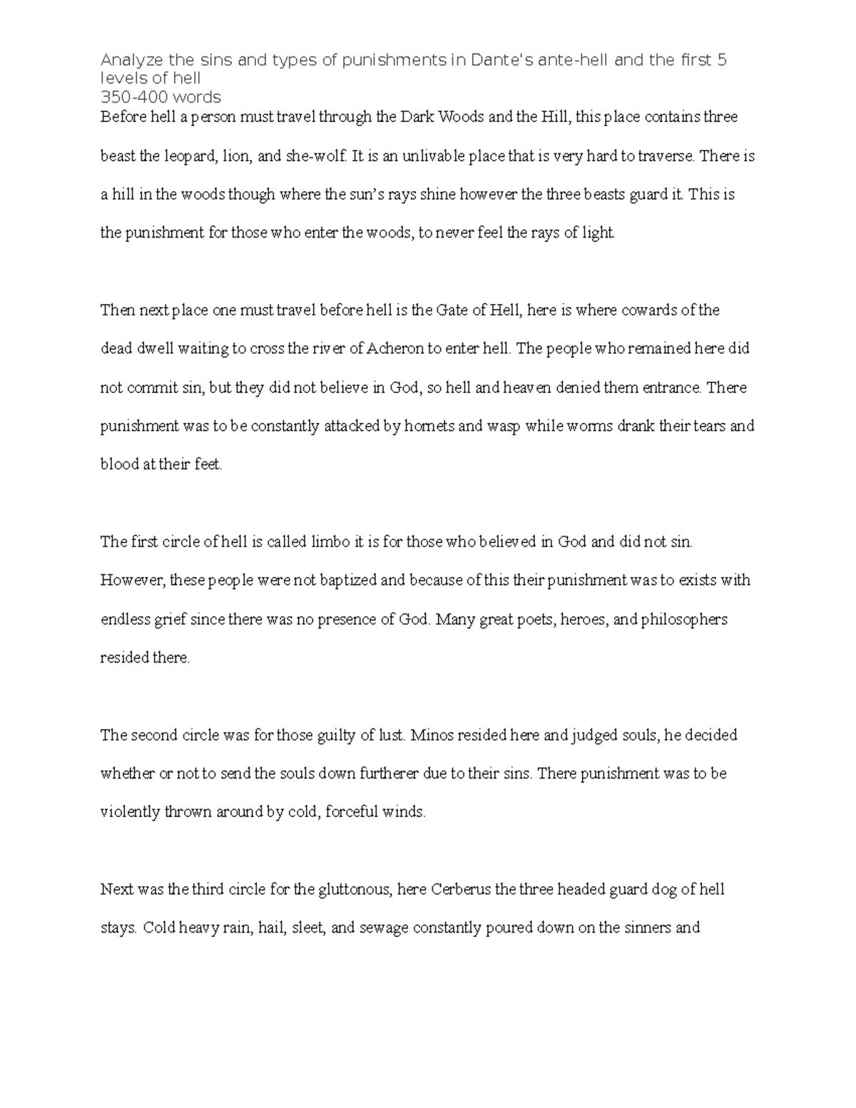 Dante's antehell and the first 5 levels of hell It is an unlivable