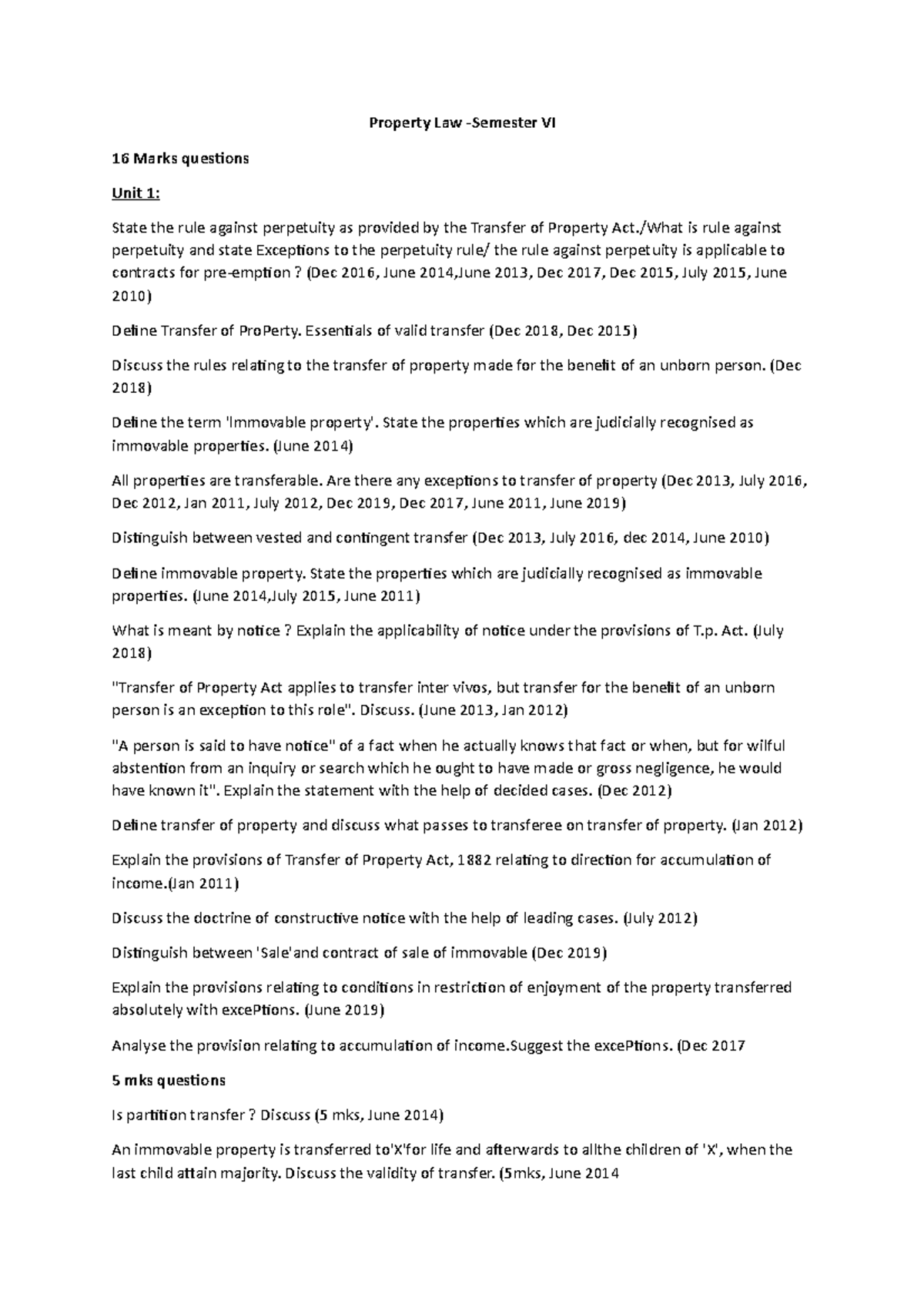 Property Law question papers Property Law Semester VI 16 Marks