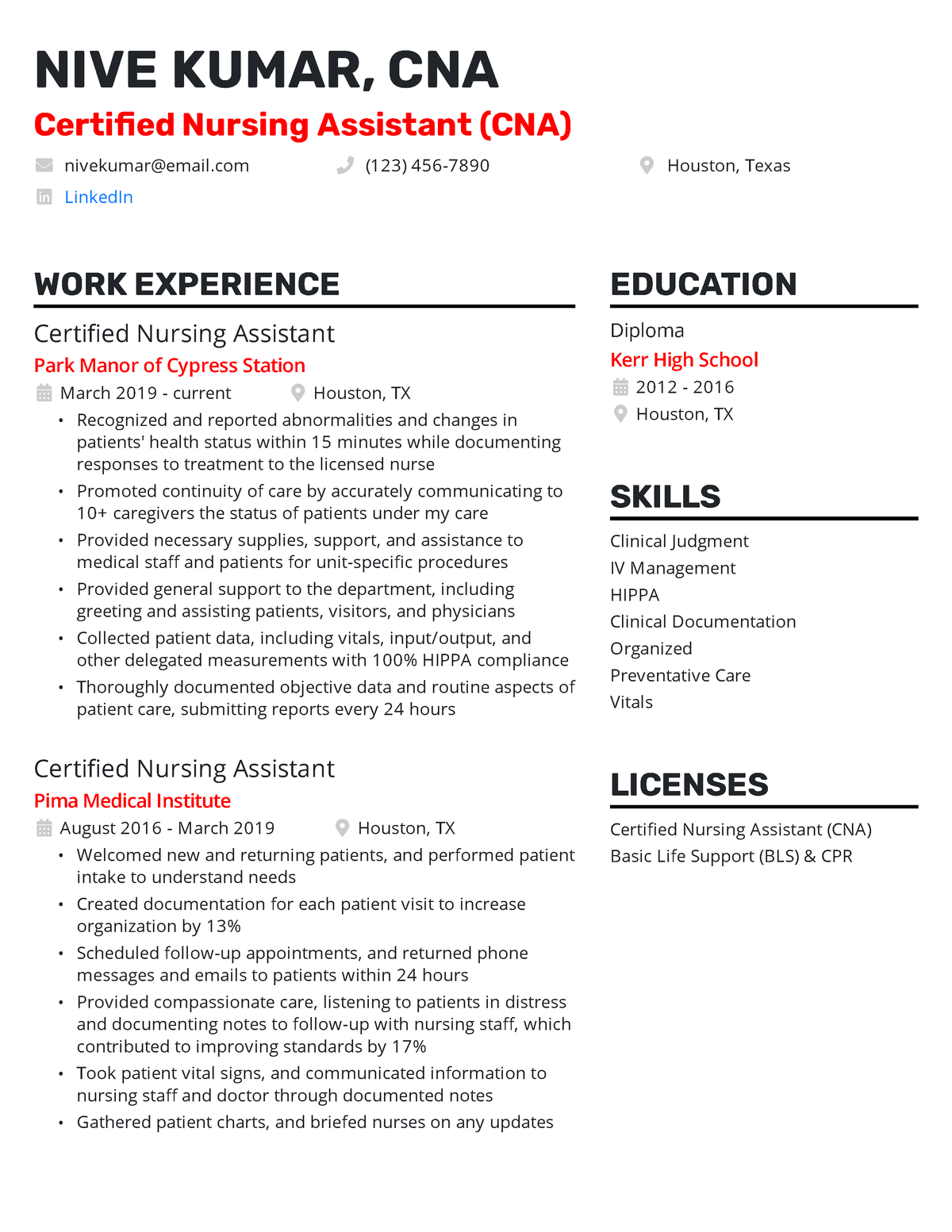 resume job description for certified nursing assistant