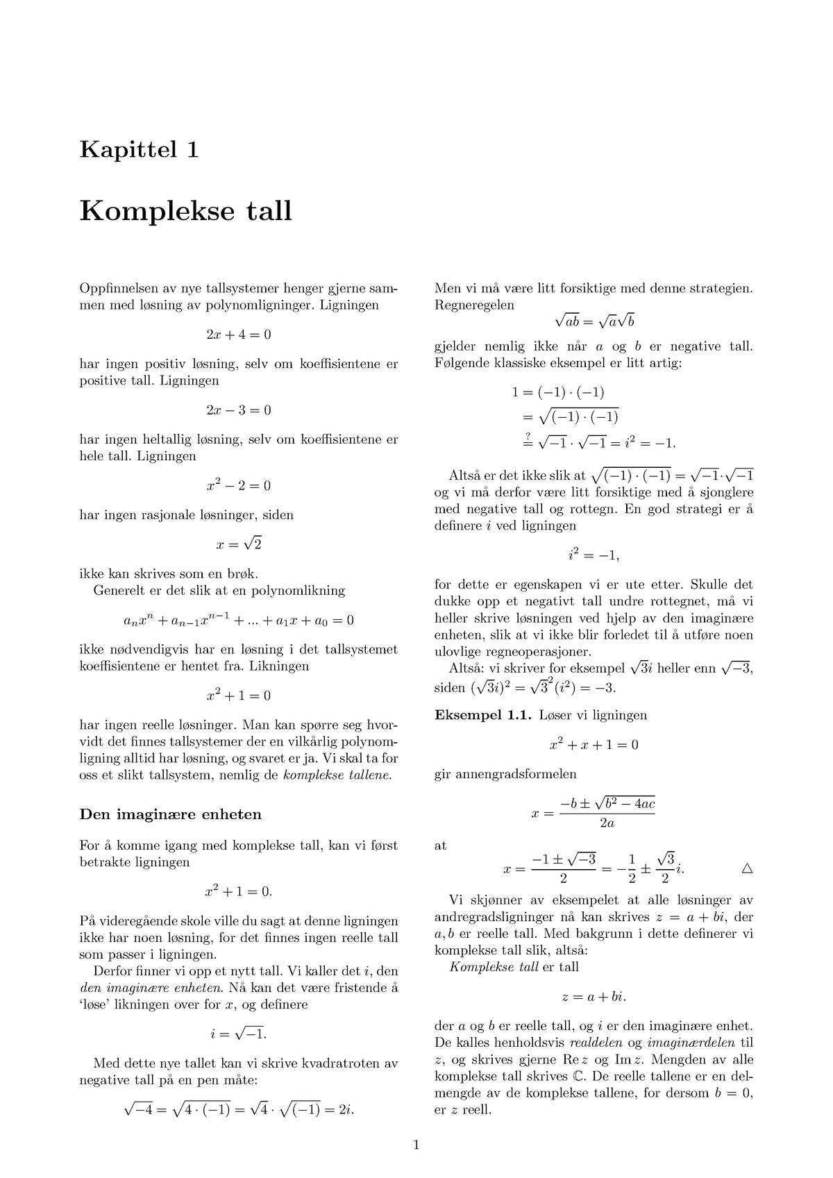 Forelesningsnotater Samlet - Kapittel 1 Komplekse Tall Oppfinnelsen Av ...