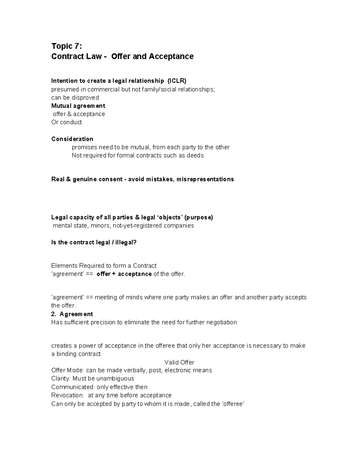 Offer & Acceptance - Detailed notes - Topic 7: Contract Law - Offer and ...