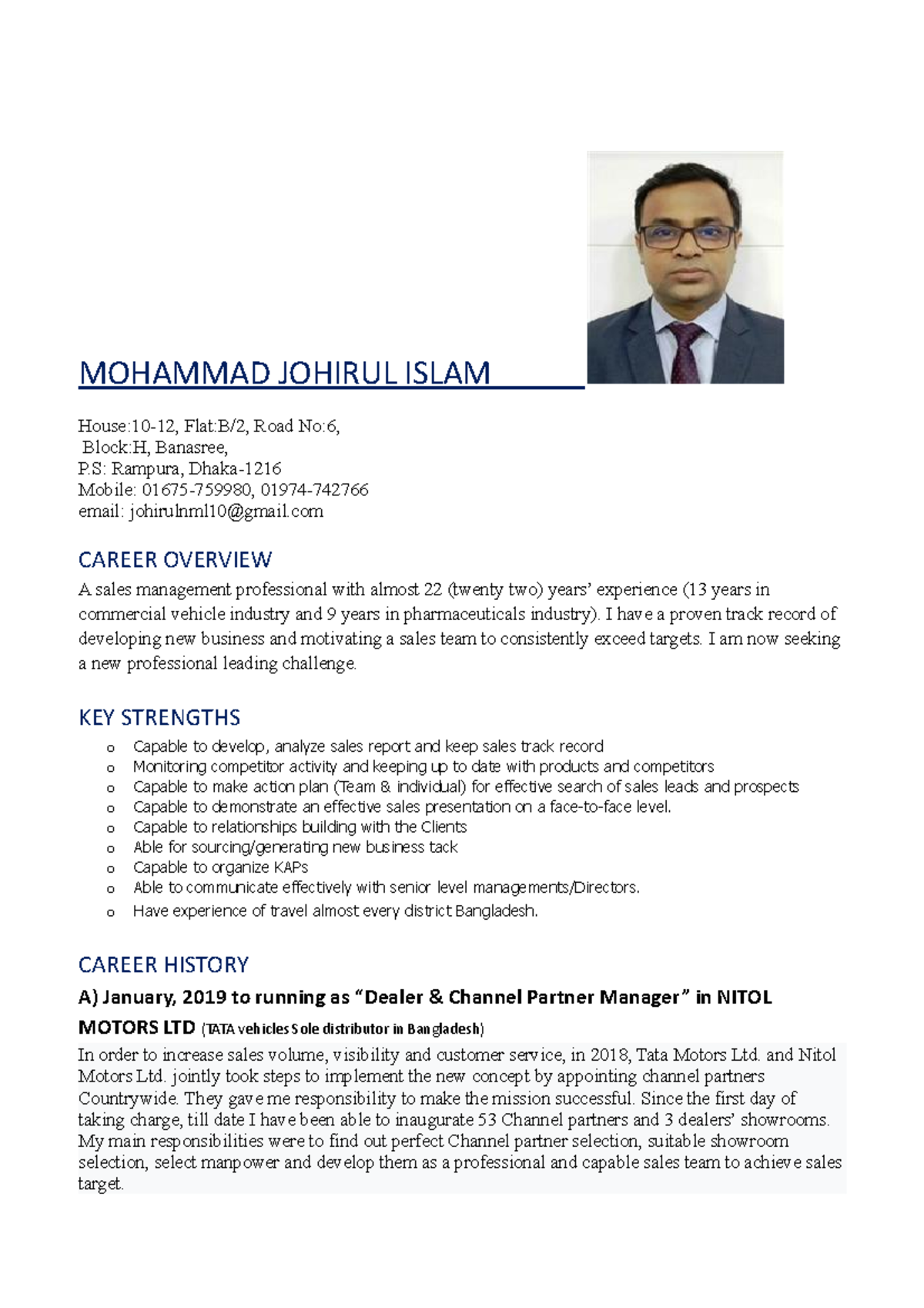 CV of Mohammad Johirul Islam - MOHAMMAD JOHIRUL ISLAM House:10-12, Flat ...