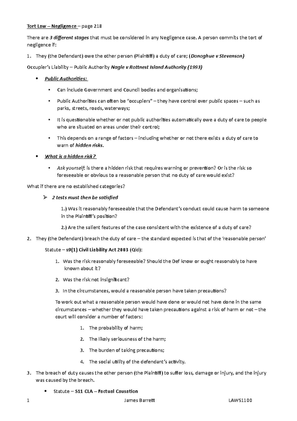 Exam Summary Notes - Tort Law Negligence page are 3 different stages ...