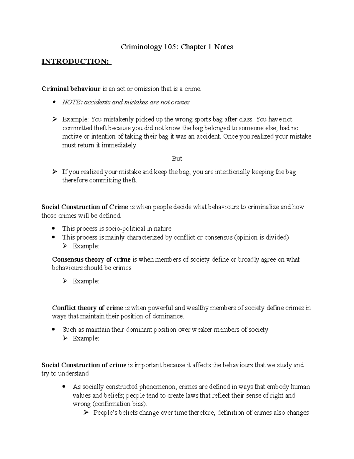 Crim Chapter 1 notes - Criminology 105: Chapter 1 Notes INTRODUCTION ...