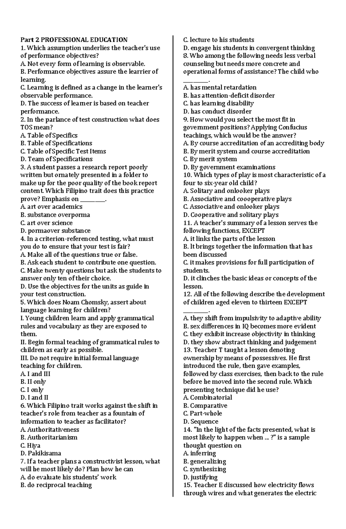 LET Reviewer Part 2 Professional Education with KEY - Part 2 ...