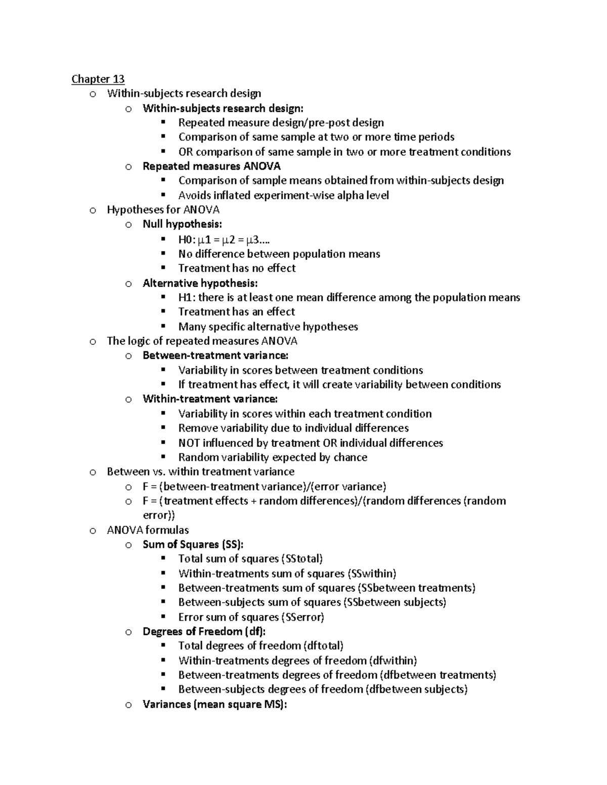 Psych Stats Ch 13 - Notes on Within-Subjects Research Design ANOVA ...