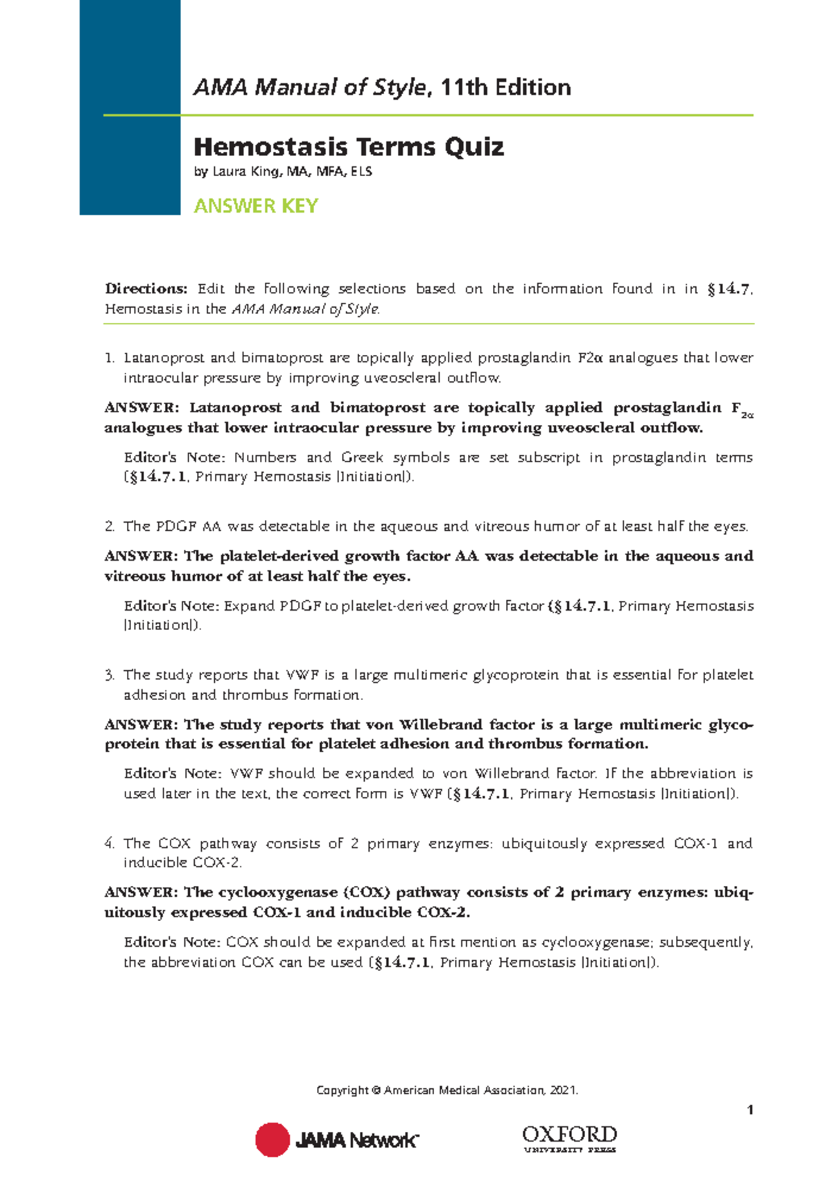 Hemostasis Terms Quiz Answer Key AMA Manual of Style , 11th Edition 1
