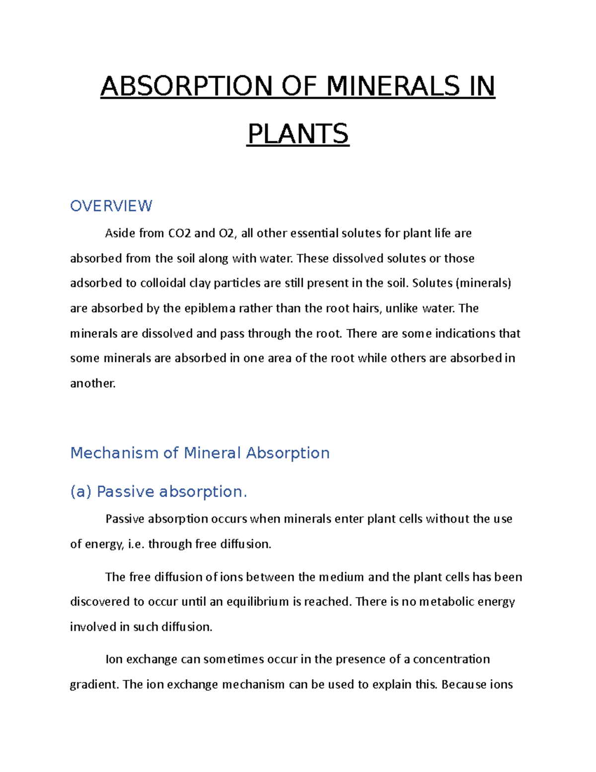 Absorption OF Minerals IN Plants ABSORPTION OF MINERALS IN PLANTS