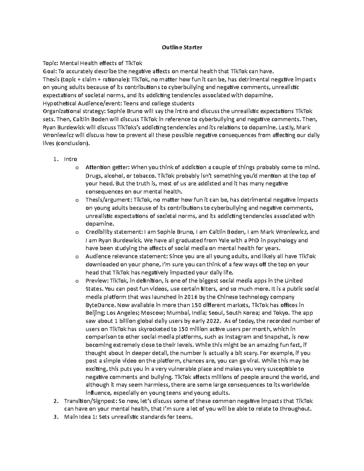 Informative Speech Workshop printout - Outline Starter Topic: Mental Health  effects of TikTok Goal: - Studocu