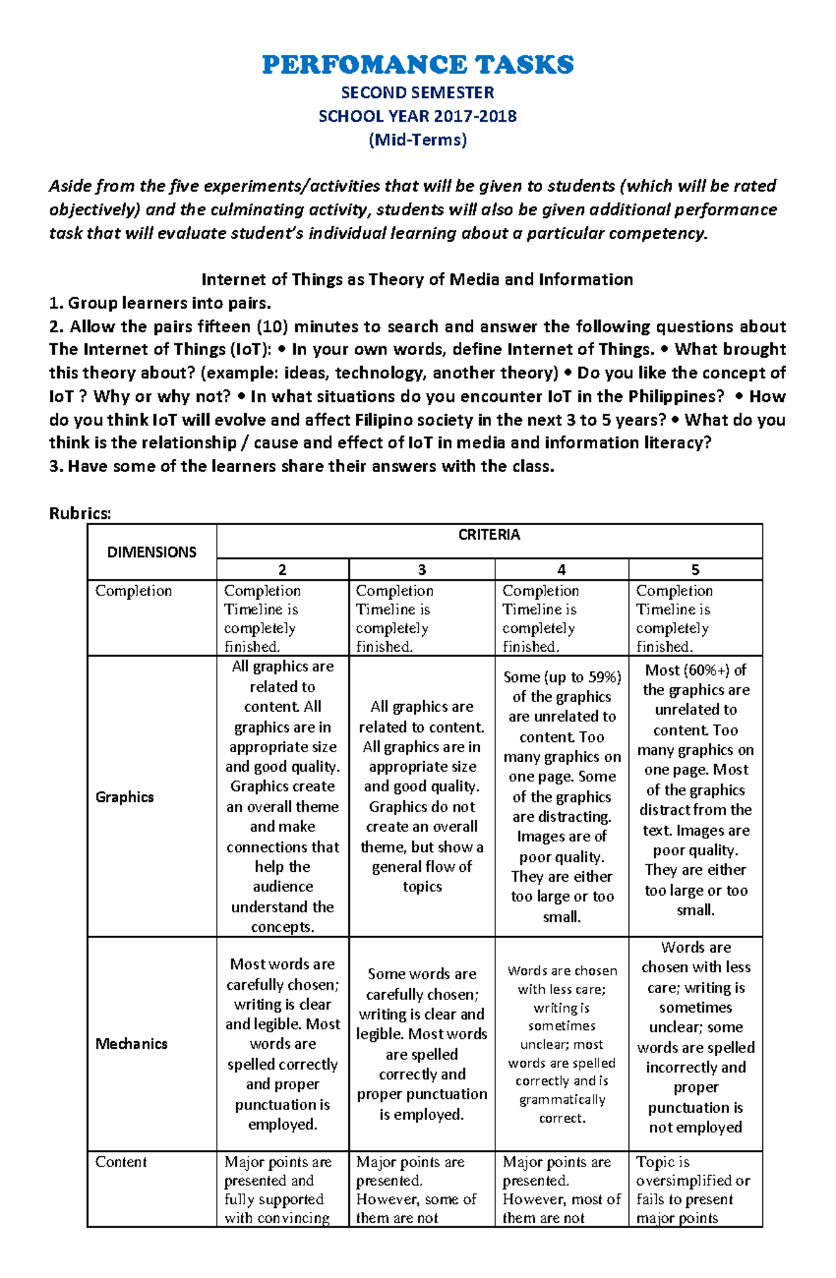 Performance Tasks 1 - PERFOMANCE TASKS SECOND SEMESTER SCHOOL YEAR 2017 ...