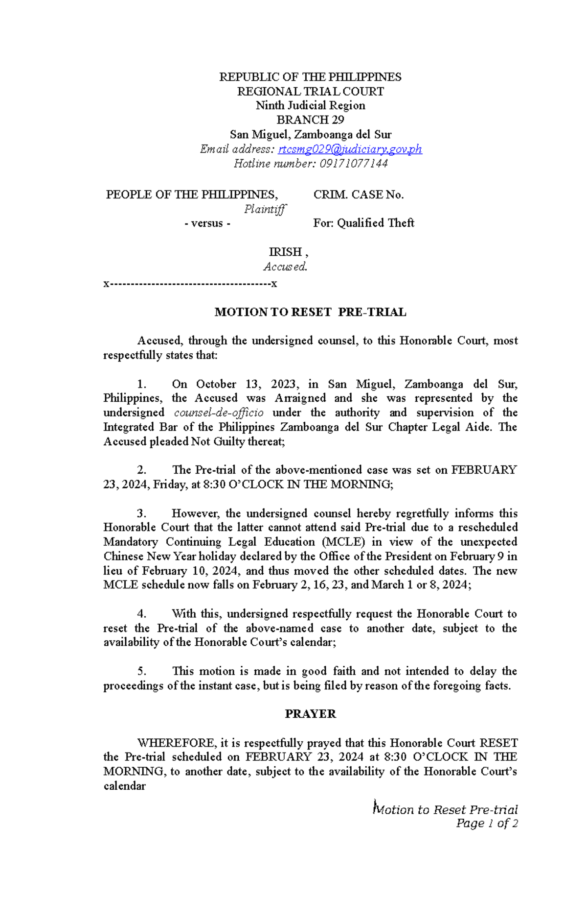 Motion to reset pre-trial - REPUBLIC OF THE PHILIPPINES REGIONAL TRIAL ...