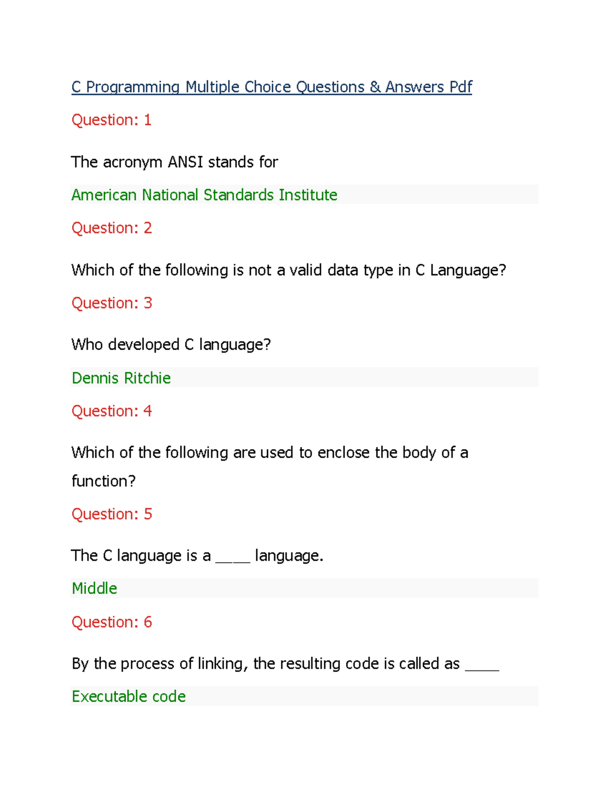 C programming multiple choice questions C Programming Multiple Choice 