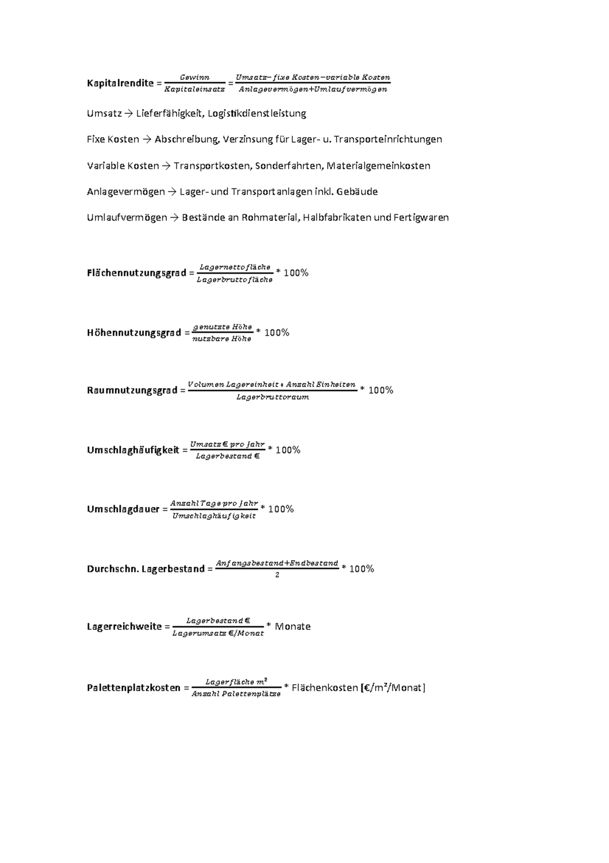 Logistik Formeln - Formelsammlung - Kapitalrendite = = - Studocu